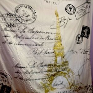 Shower curtain. With the Eiffel Tower and imprinted in French language.